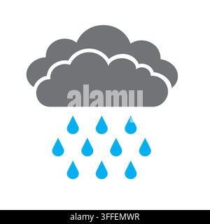 Minimalist grey storm cloud and blue raindrops icon vector, weather forecast symbol isolated on white background Stock Vector