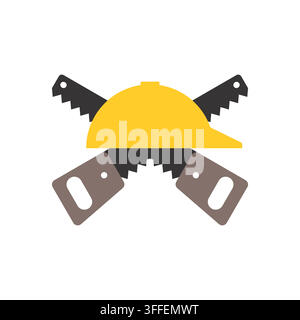 Yellow construction safety hard hat icon with crossed hand saws vector illustration for carpentry, building, and labor services. Stock Vector