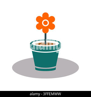 Minimalist flat vector icon of an orange flower in a teal pot against a white background. Stock Vector