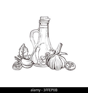 Glass bottle surrounded by garlic, chili pepper slices, and fresh basil leaves hand drawn black ink vector illustration. Cooking oil and seasoning Stock Vector