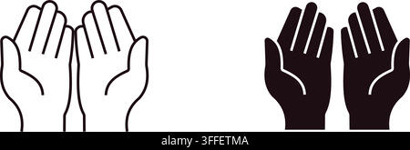 Two styles of open hands icons showing a line art version and a solid black silhouette version Stock Vector