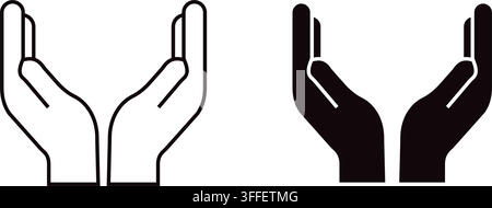 Two styles of open hand icons showing a cupped gesture in both outline and solid black versions Stock Vector