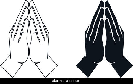 Two styles of praying hands illustrations featuring a detailed line art version and a solid black silhouette Stock Vector