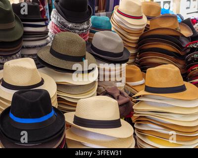 Panama style hats and fedoras for sale on market stall, London, UK Stock Photo