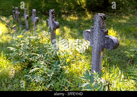 Historic Austro-Hungarian military cemetery with weathered stone grave markers of World War I soldiers among autumn trees in Brje pri Komnu. Stock Photo