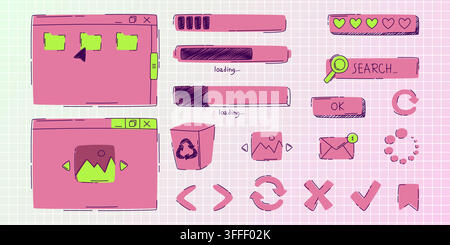 Hand drawn doodle browser icons, search bar and loading progress circles, sketch vector buttons. Ui elements for web interface design, computer window and cursor arrow, picture and new message mockups Stock Vector