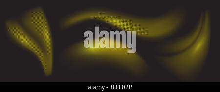 Abstract tech smooth lines with halftone pattern on black background. Vector liquid shape graphics with dotted texture, flowing gradient curves with neon glowing effect. Modern wavy music design Stock Vector