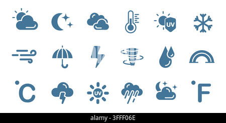 Collection of weather icons on white background. Vector color meteo symbols of sun, rain, snow, storm, lightning, rainbow, and wind signs, simple climate data pictograms for mobile app design Stock Vector