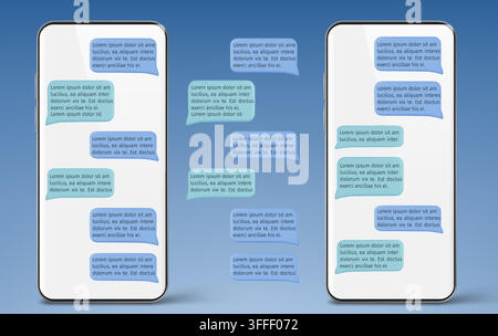 Two smartphones display with chat bubbles on screens, message balloons floating between devices. Vector app ux interface icons showing mobile conversation, digital communication mockup Stock Vector