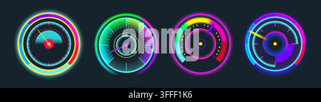 Modern speedometer gauge icons in neon colors set isolated on black. Vector realistic illustration of speed measurement dials with power indicators, futuristic dashboard, vehicle meter design elements Stock Vector