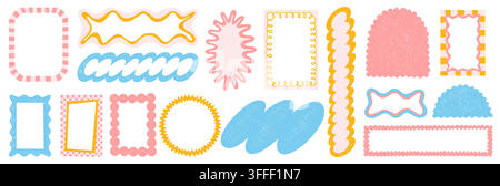 Wavy shape frame set with scalloped edges and cute Y2K retro design. Vector set of playful color crayon borders for kid photos, text box, decorative graphics, retro style geometric collage elements Stock Vector