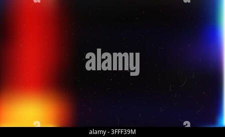 Red and blue light leak overlay adds dusty film texture with fine scratches and orange glow to a dark background Stock Vector
