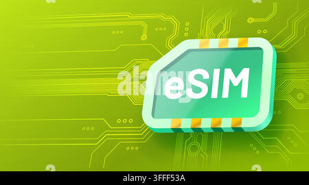 Modern eSIM card on a vibrant green circuit board background, symbolizing digital connectivity and advanced mobile technology. Vector illustration Stock Vector