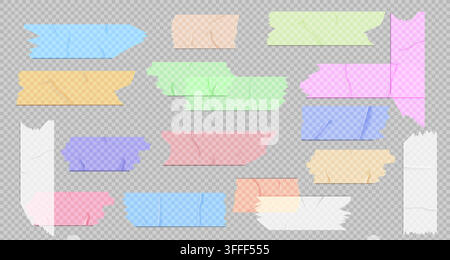 Vector set of pastel colored adhesive masking tapes. Realistic sticky paper strips isolated on transparent. Blue, pink, yellow, green and purple patches with torn edges, scrapbook elements Stock Vector
