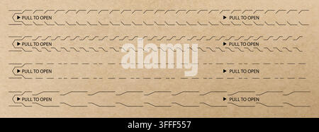 Perforated tear strip on craft paper package. Vector realistic illustration of dotted line guide for easy envelope opening, set of cardboard box seals with pull tab design, carton zipper collection Stock Vector