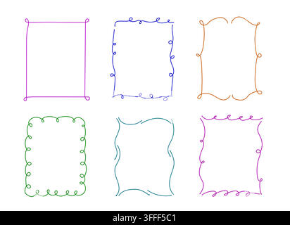 Hand drawn rectangular frames with wavy line borders, loops and curves. Vector playful doodle design, whimsical shapes isolated on white background. Decorative simple patterns for birthday cards Stock Vector