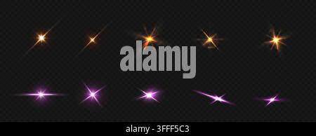 Purple star flare effect, light flash with golden rays and shining sparkles, vector realistic glints isolated on transparent background. Magical lens glare and glowing twinkle with color beams Stock Vector