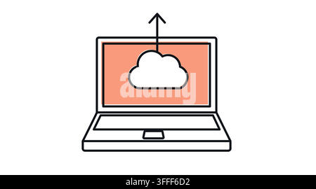 Laptop computer with cloud and upward arrow symbol on screen vector icon. Black line art with color offset fill style on white background. Stock Vector