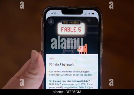 Close-up of Claude artificial intelligence app on an iPhone, showing information about the return of the Fable 5 model from Anthropic, Lafayette, California, July 2, 2026. (Photo by Smith Collection/Gado/Sipa USA) Stock Photo