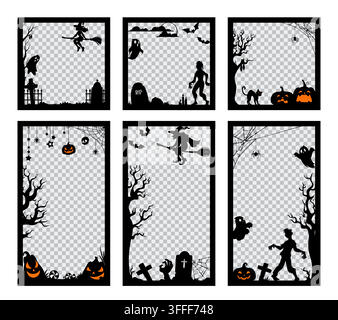 Halloween photo frames, social media post vector templates with spooky borders of horror pumpkins, bats and witch on broom silhouettes. Halloween nigh Stock Vector