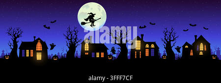 Halloween night town landscape background. Halloween wallpaper, horror holiday background with witch on broom flying over night town homes with glowin Stock Vector
