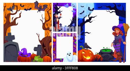 Happy Halloween holiday photo frames with cartoon witch and dracula characters. Funny Halloween pumpkins, ghosts and bats, cute witch and vampire at h Stock Vector