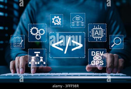DevOps and AI integration in software development process concept. Developer working on computer with digital coding icons, automation, programming, c Stock Photo