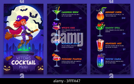 Happy Halloween witch menu template. Cartoon spooky night holiday cocktail drink menu with cute witch flying on broom over cauldron full of green poti Stock Vector