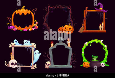 Halloween holiday photo frames with vector borders of cartoon pumpkin, scary cemetery tree and tombstone, green slime monster and bones. Halloween tri Stock Vector