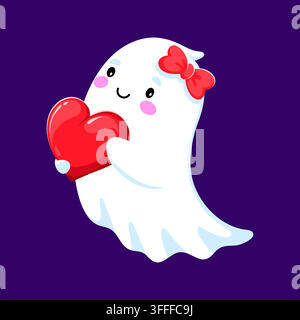 Cute kawaii ghost girl holding big red heart and smiling. Vector Halloween character with pink cheeks and bow for sweet spooky holiday greeting card. Stock Vector