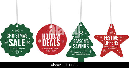 Set of four decorative Christmas sale tags in various shapes isolated on transparent background Stock Vector