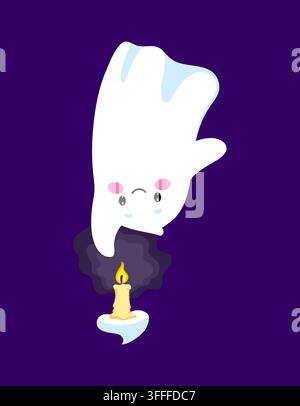 Funny Halloween kawaii ghost character hanging upside down and holding glowing candle. Happy vector spooky monster with smile for Halloween holiday pa Stock Vector
