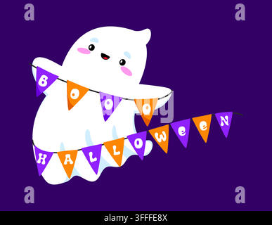 Cute kawaii ghost holding boo Halloween garland with purple and orange flags. Happy ghost character with festive Halloween bunting. Vector banner with Stock Vector