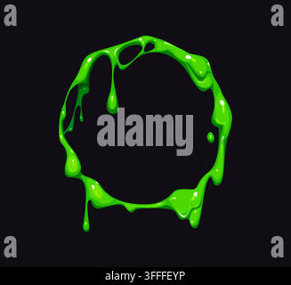 Green slime toxic ooze circular frame border with dripping sludge drops and glossy liquid texture. Cartoon frame with sludge borders for Halloween des Stock Vector