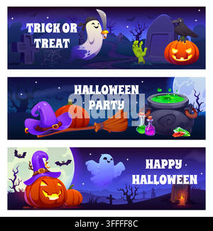Happy Halloween banners for horror night holiday, vector cartoon greeting cards. Funny boo ghosts and cemetery with spooky pumpkin lantern and witch m Stock Vector
