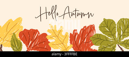 Hello Autumn lettering with textured hand drawn leaves vector banner design Stock Vector