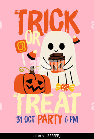 Cute ghost with coffee cup hand drawn vector poster for Halloween Stock Vector