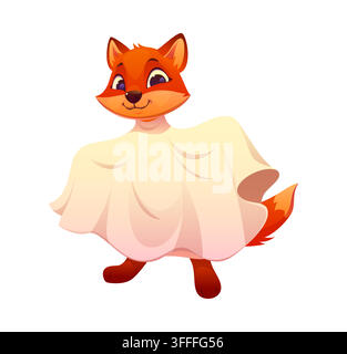 Cartoon Halloween fox animal cute character dressed as friendly ghost with flowing white sheet costume. Adorable playful woodland personage dressed in Stock Vector