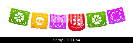 Mexican Day of the Dead party cartoon paper garland. Day of Dead festival paper cut flags, Mexican carnival papel picado vector garland. Dia de Los Mu Stock Vector
