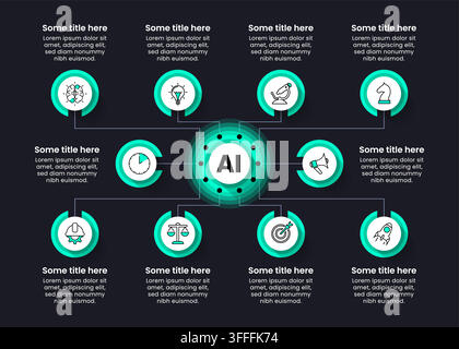 Infographic template with icons and 10 options or steps. Artificial intelligence concept. Can be used for workflow layout, diagram, banner, webdesign. Stock Vector