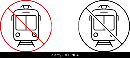 No Train Zone Line Icon Set. Prohibition Of Train Access And Restricted Area Outline Symbol Collection. Transportation Safety And Regulation. Editable Stock Vector