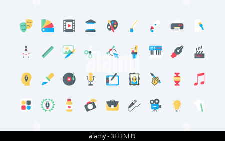 Creative arts and media symbols covering theater, painting, music, film, design and writing tools for cultural projects, education and entertainment branding flat icons set vector illustration Stock Vector