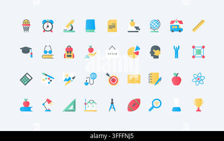 Back to school education symbols featuring classroom supplies, science tools, math elements and academic objects for learning themes and student design use flat icons set vector illustration Stock Vector