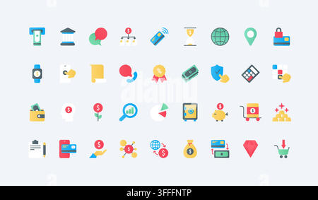 Banking and finance symbols for payments, savings, cards, transfers, security, investment, shopping and digital money services across retail and online use. flat icons set vector illustration Stock Vector