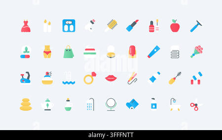 Beauty and personal care essentials featuring cosmetics, grooming tools, wellness items and salon accessories for skincare, makeup and self care themes flat icons set vector illustration Stock Vector