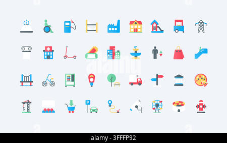 Urban infrastructure and public service symbols covering transport, utilities, buildings, recreation, shopping and civic facilities for city planning themes flat icons set vector illustration Stock Vector