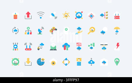 Cloud computing symbols showing storage, upload, download, sync, hosting, backup and wireless data exchange for digital infrastructure workflows flat icons set vector illustration Stock Vector