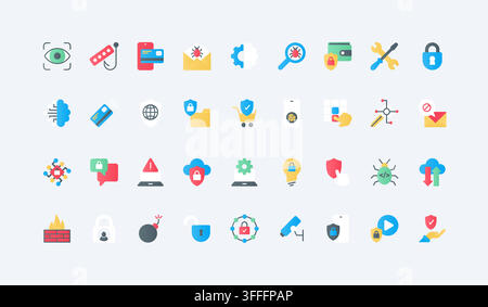 Cyber security and data protection symbols covering phishing defense, malware scanning, encryption, firewall, secure cloud access and privacy monitoring flat icons set vector illustration Stock Vector