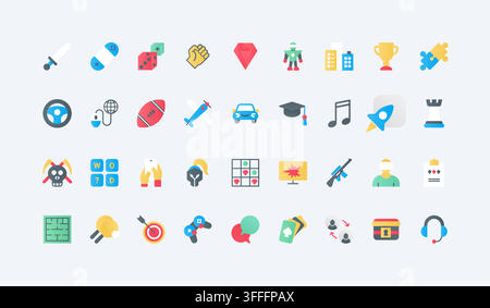 Computer games and digital entertainment symbols covering play, competition, rewards, strategy, sports, music, puzzles and virtual interaction flat icons set vector illustration Stock Vector