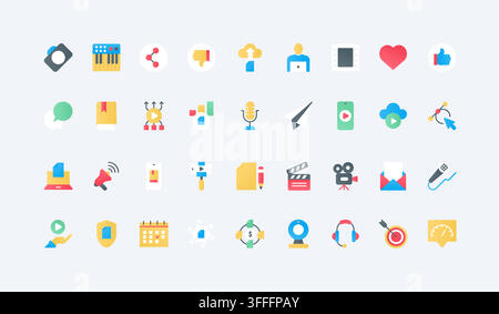 Creative content creation and digital media workflow symbols for publishing, communication, promotion and audience engagement across online platforms flat icons set vector illustration Stock Vector